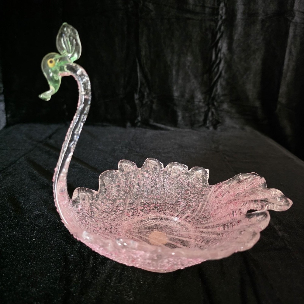 Vintage‎ Italy Murano Swan Fratelli Toso Overshot Frit Art Pink Glass Dish